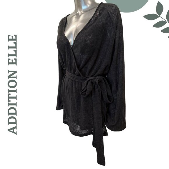 Addition Elle Black Sheer Ribbed Wrap Top with Waist Tie | V-Neck Top | Size 1X - Picture 4 of 7